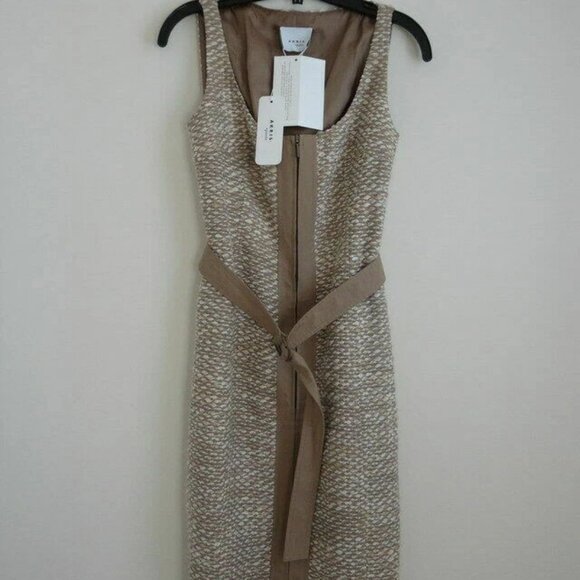 NWT AKRIS Camel Offwhite Wool Sheath Sleeveless Dress with Belt 8 - Picture 6 of 7